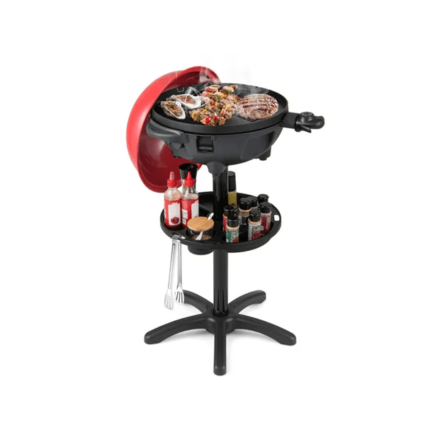 Red 1200W Electric BBQ Grill with Double-Zone Cooking 2-in-1 Freestanding Countertop Grill for 6-10 People