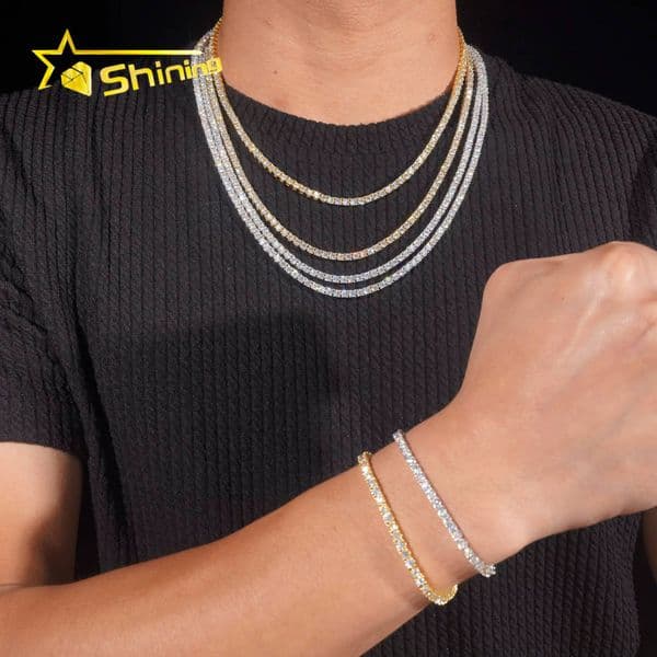 USA Warehouse Large Stock 3MM 925 Solid Silver Hip Hop Iced Out VVS Moissanite Diamond Tennis Chain Bracelet Necklace