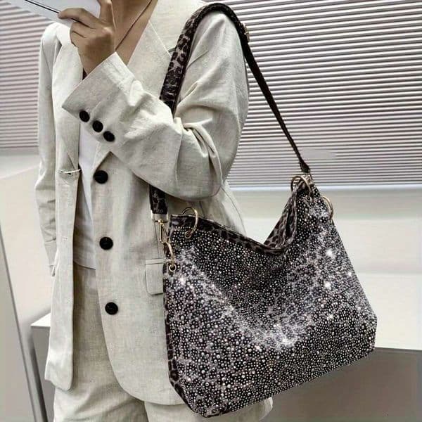 Womens Bag Handbag Chic Tote Featuring Dazzling Rhinestones Leopard Pattern Solid Color Stylish Shoulder Bag With A Removable Strap Ideal Bags