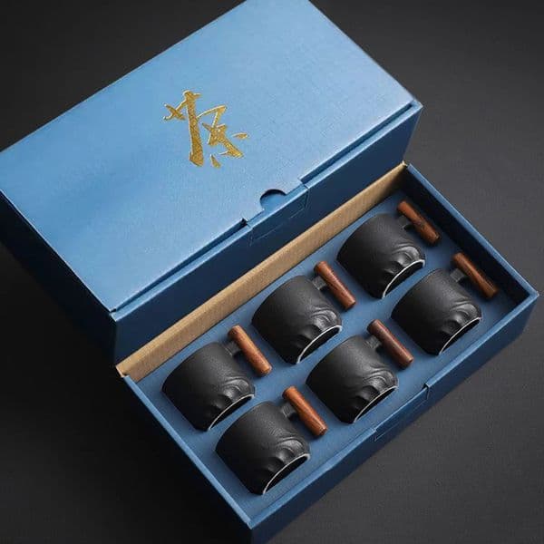 6pcs Set Ceramic Retro Espresso Coffee Cup With Wooden Handle Office Water Tea Mug Handmade Gift Box 251222