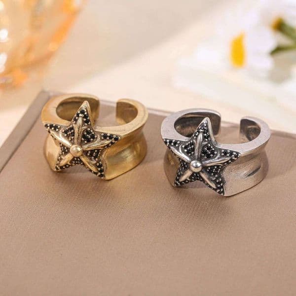 Vintage Light Luxury Temperament Five-Pointed Star Inlaid Diamond Exquisite Versatile High-End Ins Style Niche Personality Open Ring