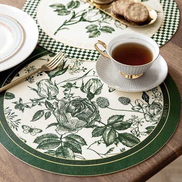 Waterproof Faux Leather Placemats for Dining TableRoundHeat ResistantHome DecorationGreenIndoorOutdoorSet of 2 Y251222