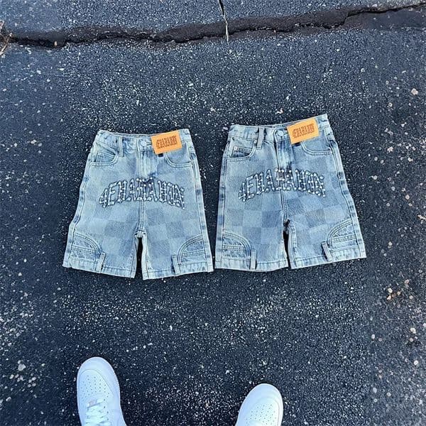 Y2K Trend Casual Jeans Chessboard Pattern Letter Embroidered High Quality Denim Shorts Men Women Vintage Distressed Streetwear 251219