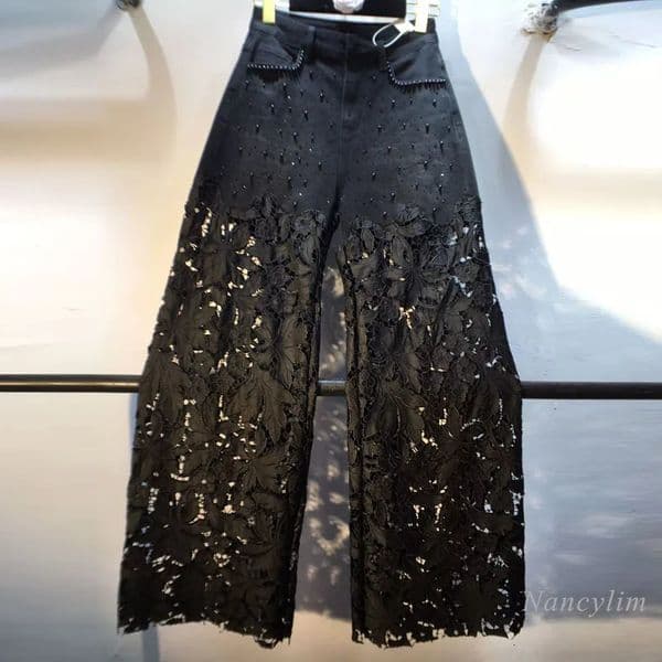 European Hollow Lace Jeans Women Summer Black Denim Pants Heavy Industry Beads Diamond Splicing Crochet 251222