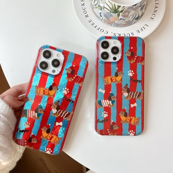 Ins Style Blue and Red Striped Dachshund Dog Case for Pro Max, Compatible with iPhone 13, Apple 15/14, Crossbody 16