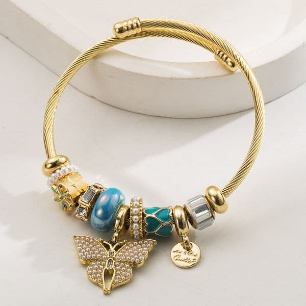New Diy Exquisite Stainless Steel Material Bracelet With Stylish Womens Trend Beaded Butterfly Pendant Versatile And Exquisite Bracelet Boutique Gift