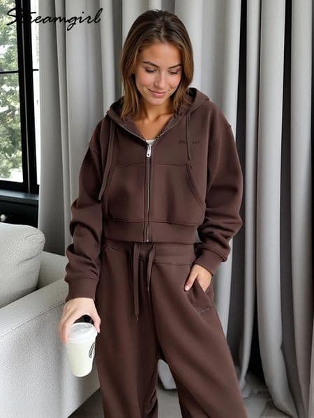 Women Tracksuits Winter Fleece Sweatsuit Brown Warm Crop Zipper Hoodies And Sweatpants Set For Women 2 Piece Velvet Pants Sets 251217CJ