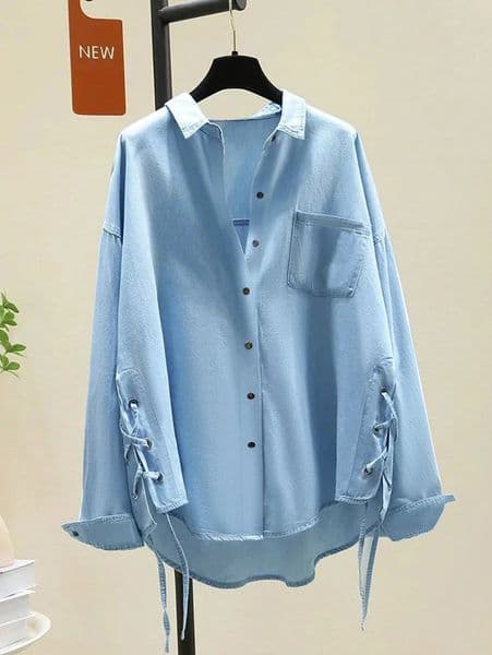 2025 AutumnWinter Collection inspired TieDetail Faux Denim Oversized Casual Fashion LongSleeved Shirt 251211