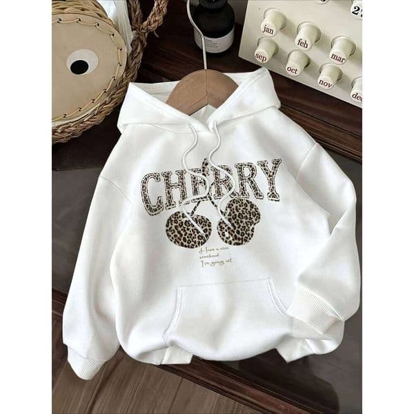 Leopard Print Cherry Letter Printed Autumn Winter designer Fashion 2026 Round Neck Sweatshirt Casual Long Sleeved Top Hoodies Women's Clothing