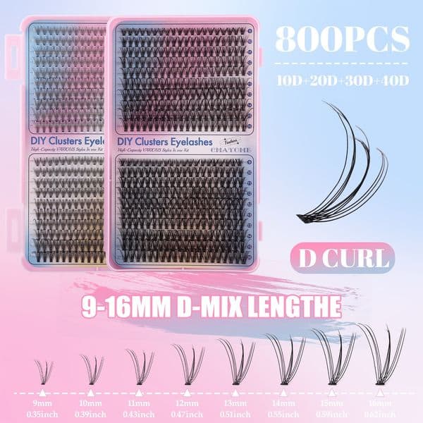 DIY Cluster Lash Slender & Dense 800Pcs Big Volume DIY Individual Lashes Thick Fluffy Cluster Segmented Eyelashes with Lashes Adhesive Brush for Women Beauty