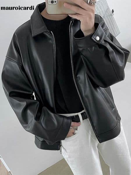Mauroicardi Spring Autumn Cool Short Black Soft Light Pu Leather Jacket Men Zipper Casual Mens Jackets and Coats Fashion 251219