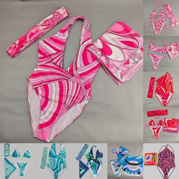 Brand Womens Pink Swimwear Bikinis Designer Deep V Neck Sexy Swimsuits Color Blocked Bikini Set With Headband Scarf Summer Pool Party Vacation Beachwear