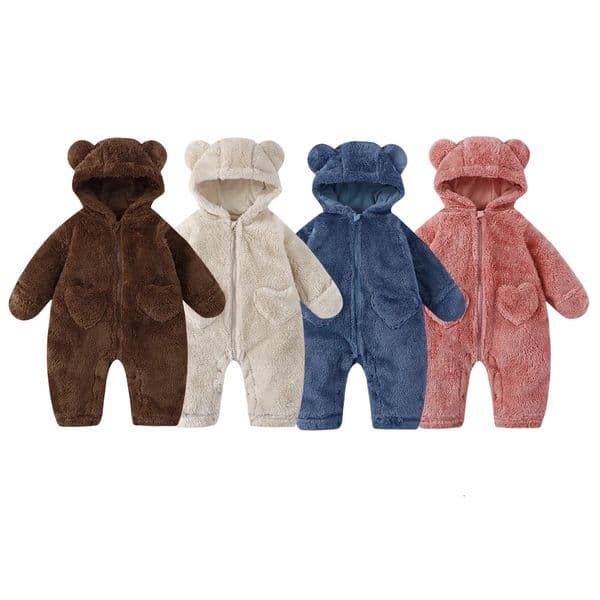 2025 Winter born Baby Cartoon Bear Plush Onesie Hooded Ear Fluffy Romper Unisex 0-12M Thermal Infant Jumpsuit Warm Outfit251219BJ