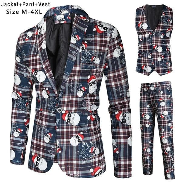 Snowman Plaid 3 Piece Casual Business Printed Suits Mens Christmas Party Suit Funny Costume Novelty Xmas Jacket Trousers Vest 251216