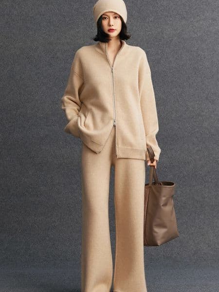 Chic Autumn Winter Women 100 Cashmere Sweater Pants Suit High Neck Knit Cardigan Wide Leg Trousers Set 251222
