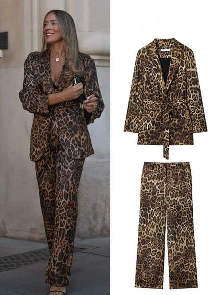 HH Women Autumn 2Piece Set Chic Leopard Print TurnDown Collar Pockets Belt n BlazersHigh Waist Zipper WideLeg Pants 251211BANJIA
