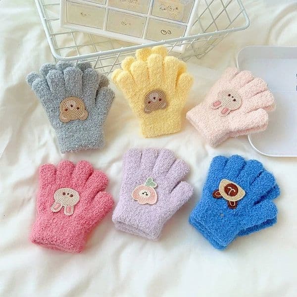 13Y Cartoon Childrens Gloves for Autumn and Winter Cute Babies Warm Five Finger Plush Solid Color Children Infants 251223