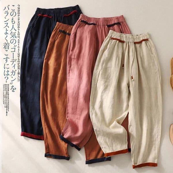 Loose Harem Pants Casual Versatile Fashion Womens Cotton Linen Solid Color Elastic High Waist Pink 2025 Summer 251223