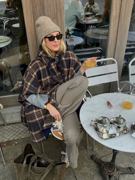 Plaid Lace Up Woolen Coat Casual Single Breasted Half Sleeve Loose Lady Midi Coats Fashion Daily Commute Street Outerwear 251223