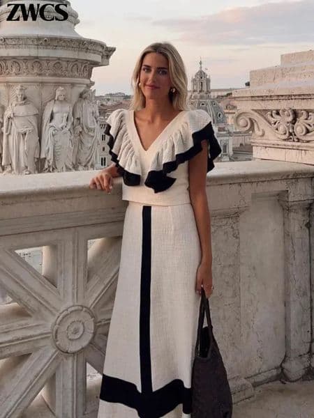 Elegant Patchwork Flying Sleeve Top Skirts Set Women Slim Ruffles Vneck Crop Tops High Waist Skirt 2024 Summer Female Outfits 251223BANJIA