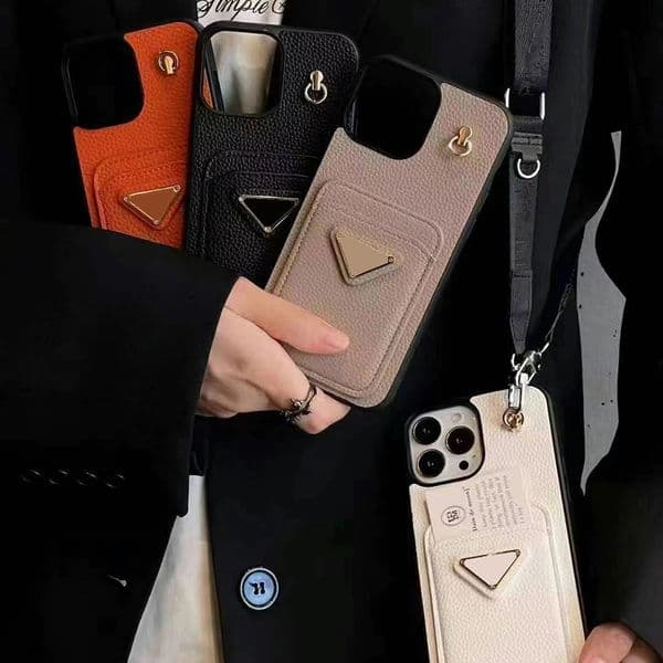 Customized Metal Logo Phone Case For Iphone 17 16 15 14 13 Pro 12 11 Max Plus 16Pro Designer Case Litchi Grain Leather 17Promax Cover Card Pocket Crossbody Strap Shell