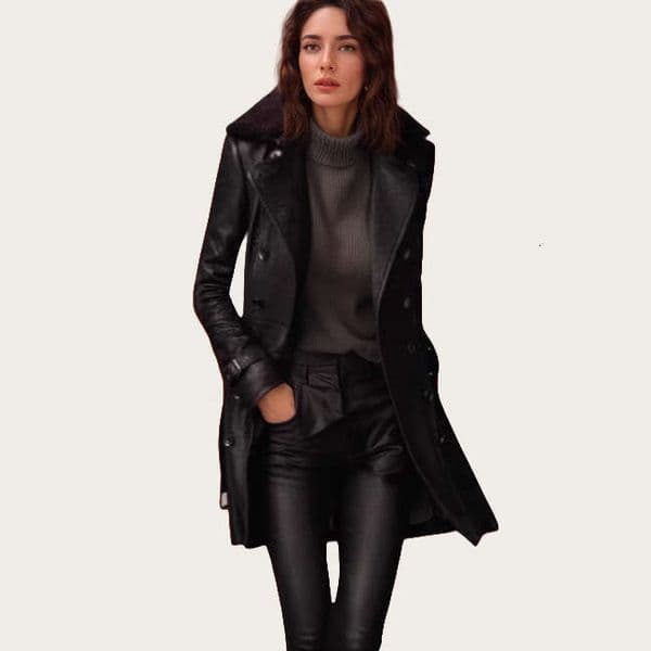 Cross-Border Foreign Trade British Thickened Fur Collar Mid-Length Motorcycle Style Leather Jacket Women's Coat