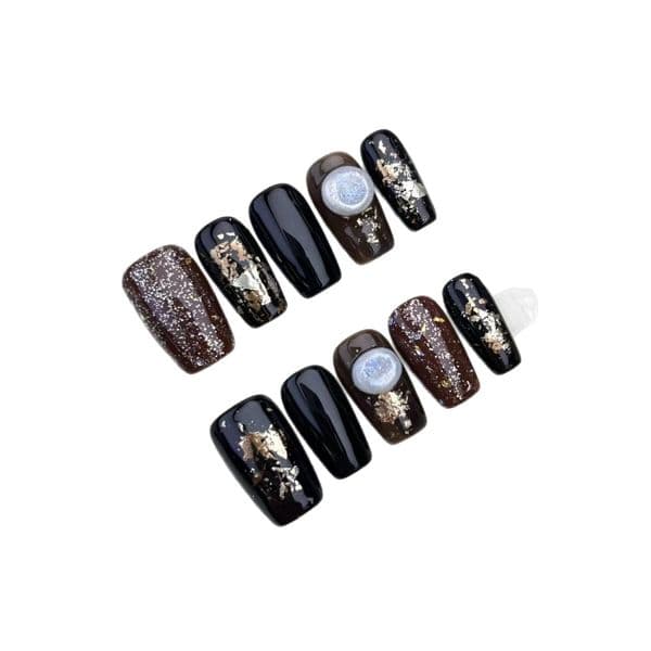 Night Wave Brown Glitter Autumn Winter Fashion Nail Art Kit Detachable Wearable Nails Simple Elegant White Enhancing