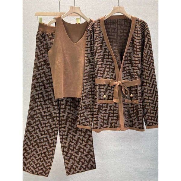 Women's Autumn And Winter Fashion Printed Knitted Jacket Coat V-Neck Base Vest Casual Wide Leg Pants Three Piece Set DREAM RECALL