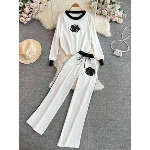 Designer Clothes Women S Knitted Tracksuit Suits Autumn New Long Sleeve Flower Pullover Sweater Wide Leg Pants Casual Two Piece Sets Hot Selling