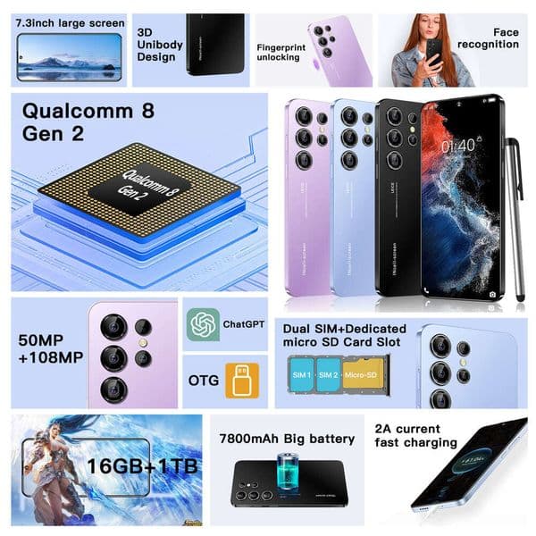 S23 Ultra Phone 3+64Gb Memory True 4G Network Octa-Core Fingerprint Unlock Smartphone 7.3Inch