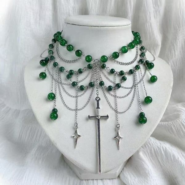 Layered Tassel Necklace Wholesale And Vintage Gothic Style Accessories Green Beaded Multi-Layer Choker Necklace