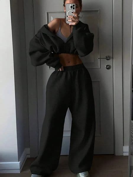 Women Solid Sweatshirt Long Pants Set Casual Elegant Sleeved Zippper Short Coat Straight Pant Sets Lady Daily Street Outfit 251223BANJIA