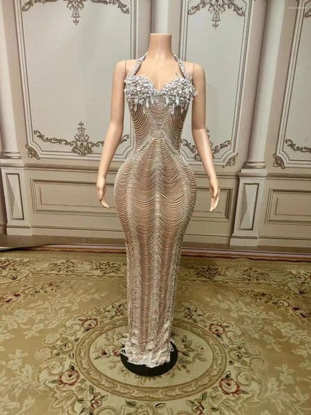 Casual Dresses Silver Rhinestone Crystals Chains Transparent Long Dress Evening Birthday Celebrate Sexy Performance Plus Size