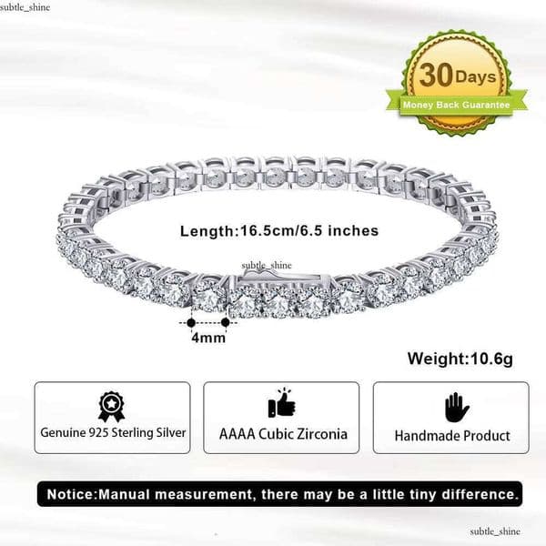 Rinntin SB130 Platinum 925 Sterling Silver VVS Moissanite Classic Tennis for Women Round IGI Cut Infinity VVS Moissanite Bracelet