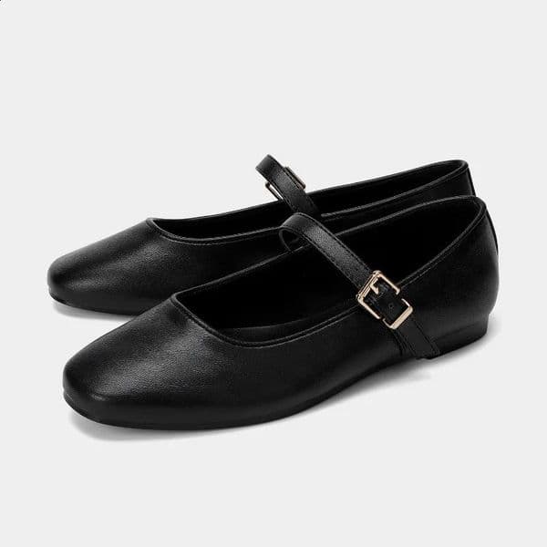 er Black Leather Ballet Flats Women Fashion Metal Belt Buckle Mary Jane Shoes Elegant Light Shallow Casual Shoes 251223