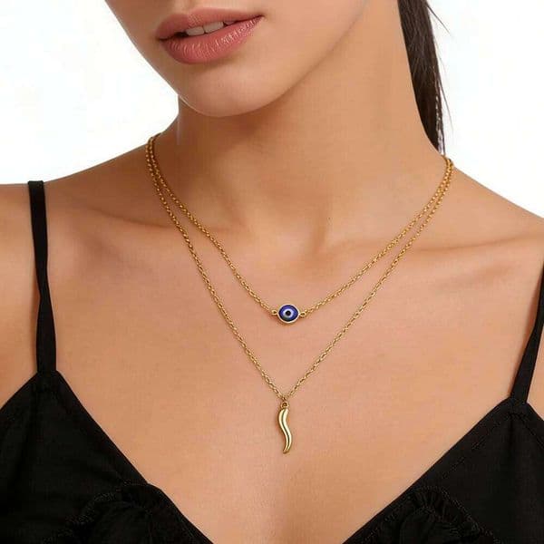Chain For Man Evil Eye Italian Horn Necklace Stainless Steel Gold Color Double woman necklace Layer Necklaces Good Luck Protection Jewelry Gift Women Crystal