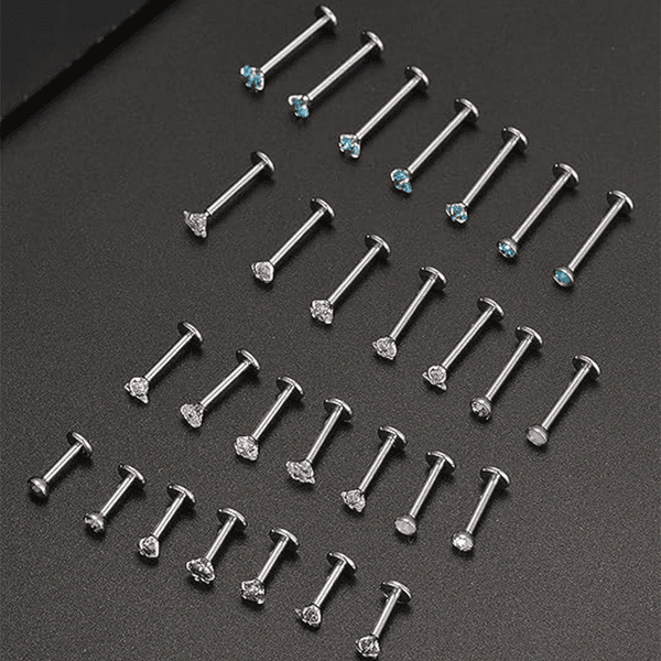 28Pcs Push in Threadless Nose Studs CZ Nose Ring Stainless Steel Lip Rings Labret Studs Flat Back Cartilage Earrings Nose Nostril Tragus Helix Body Piercing Jewelry