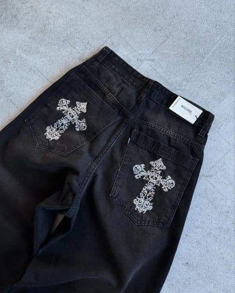 Street Hiphop Fashion Cross Skull Casual Loose Jeans Men American Harajuku Retro Y2K Punk Goth Straight Wideleg Pant 251215BANJIA