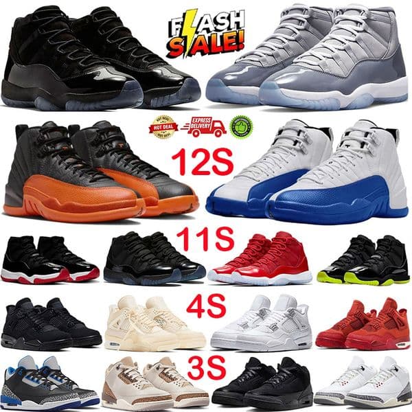 Designer Men basketball Shoes 3s 4s 11s 12s Black cat Cement Sneakers Military White Blue Bred Cool Grey Mens Womens Outdoor Sports Trainers Eur 36-47