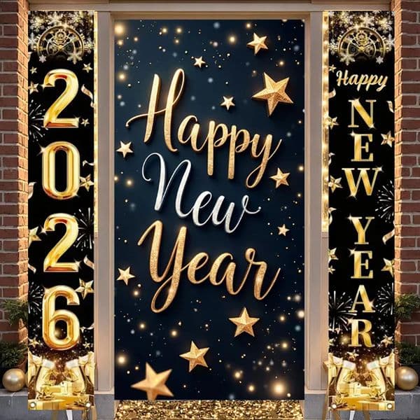 2026 Happy Year Decorations Black Gold Hanging Door Banner Couplet Pography Backdrop Family Party Prop Year 2026 Gift 251213BJ