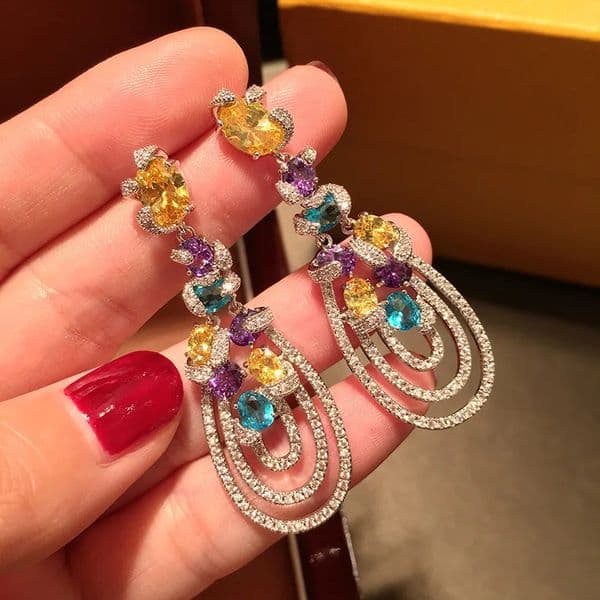 Foydjew European American Temperament Elegant Colorful Zircon Tassel Earrings Pear-shaped Banquet Long Drop Earring For Women 251223