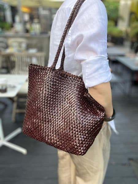 Handwoven braided Coffee Vintage stylish 100 genuine French cattle leather tote/leather beach holiday basketry/leather daily bag Z260617