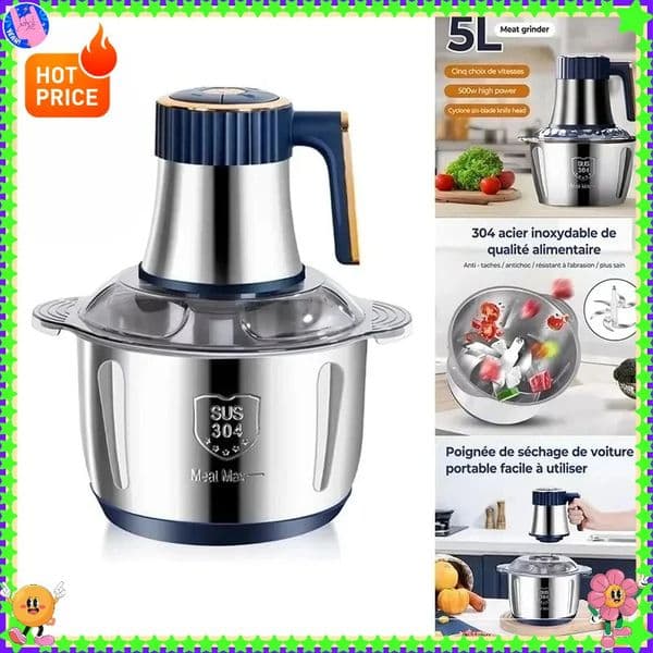 5L Stainless Steel Electric Meat Grinder - Multifunctional Food Processor with Vegetable Slicer Chopper and Kitchen Blender 251223