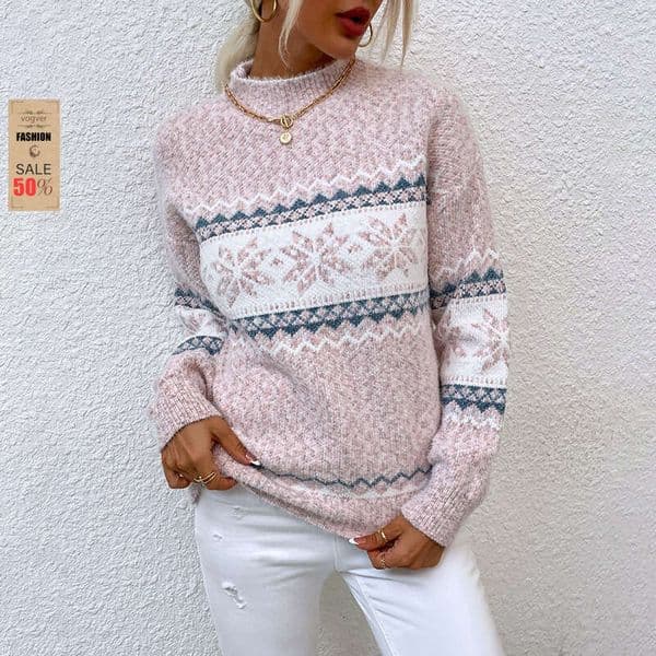 Pullover Sweater for Women Half Turtleneck Christmas Snowflake Knitted Top 2023 Autumn Winter Cozy Warm Holiday Gift Basic Layering Wear