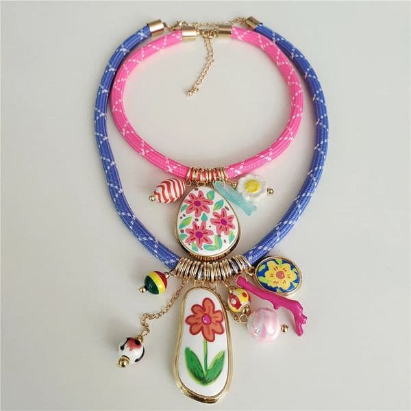 Fashion Trend Pink Blue Cord Multi Enamel Pendants Necklace Indian Boho Ethnic Statement Maxi Collar Necklace Jewelry 251224