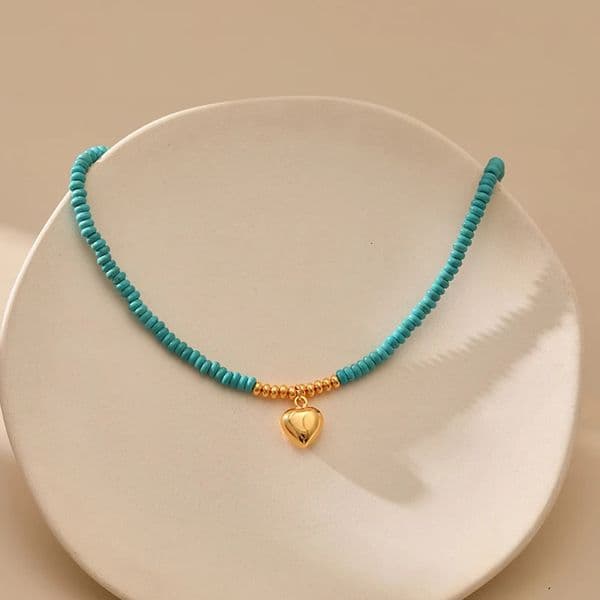 Handmade Irregular Turquoise Necklace for Women 18k Gold Plated Heart Pendant Fashion Casual Jewelry Gift Adjustable Length 251224