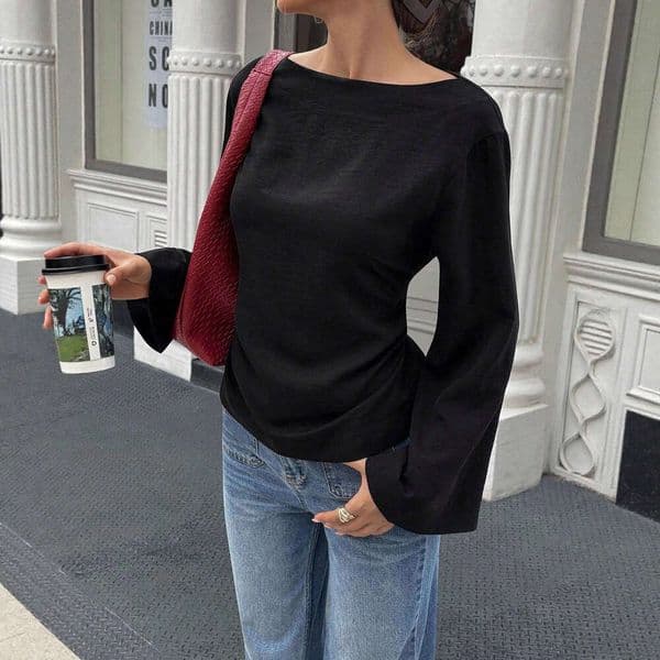2025 European and American New Style Solid Color Fashion Casual Versatile Waist-Cinching Boat Neck Personality Street Flared Long Sleeve Top T-Shirt