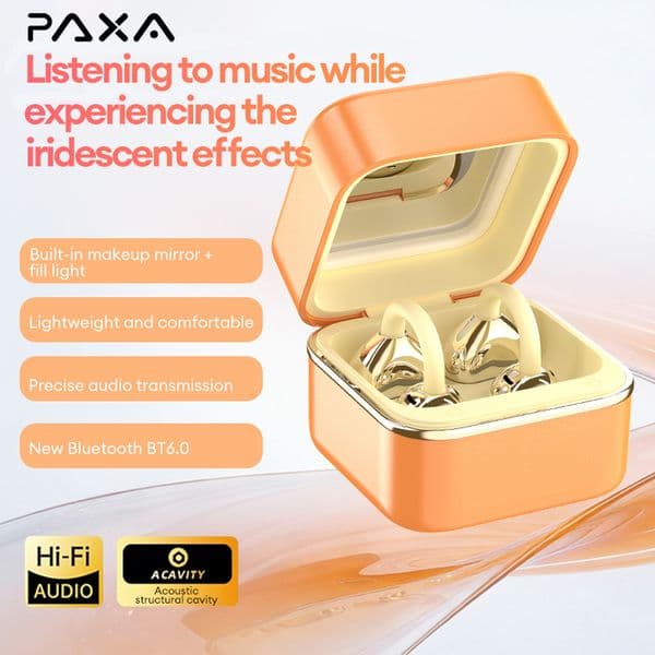 PAXA M161 Wireless Bluetooth V6.0 Earphones Featuring a Makeup Mirror with Light Clip-on Earbuds Extended Battery Life Music Headphones