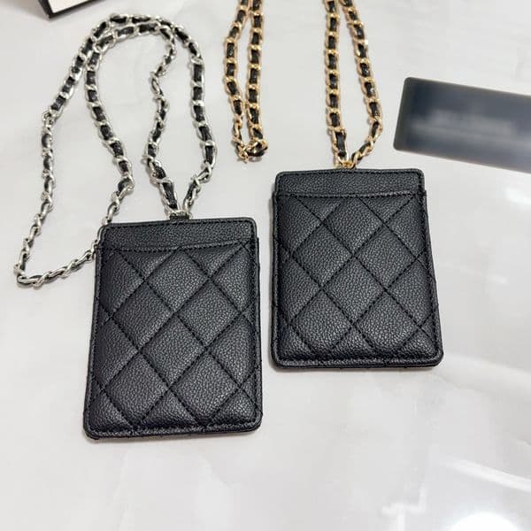 Designer Lychee Pattern Leather Business Card Credit Card Holder Employee ID Card Case Coin Purse with Chain