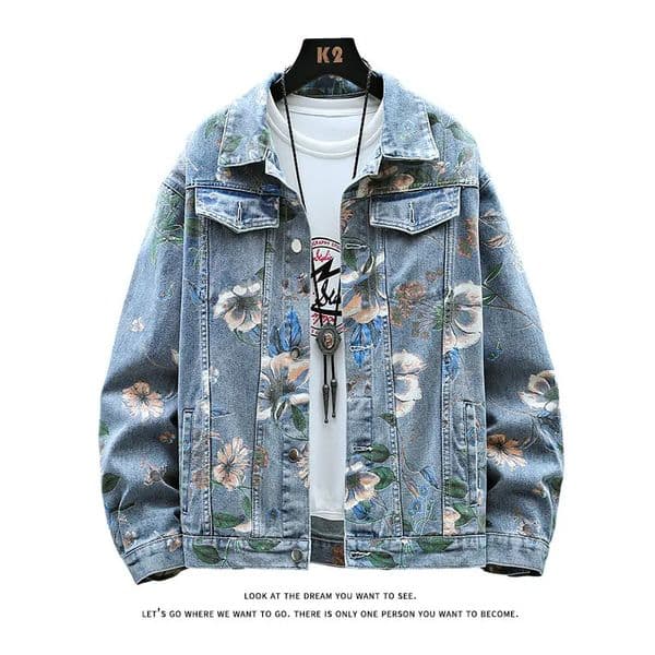 Vintage Floral Print Denim Jacket Mens Distressed Coat Streetwear Loose Fit Long Sleeve Jackets Korean Bomber Jeans 251222